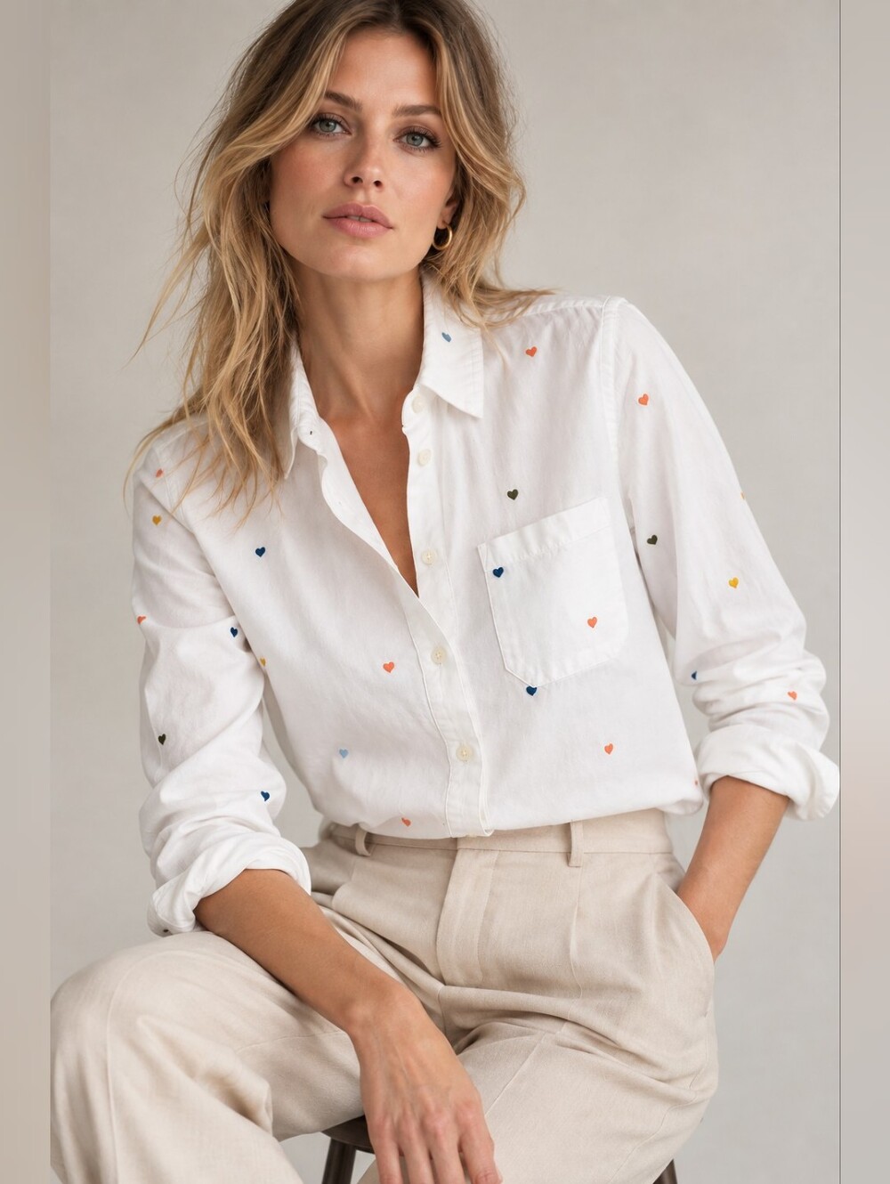 Sézane White Embroidered Heart Button-Up Shirt Size 34 / US 2